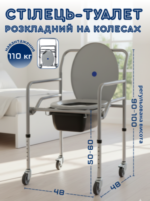 Стілець туалет на колесах з гальмами регульований складаний для інвалідів та літніх людей крісло-туалет пересувне з відром і кришк
