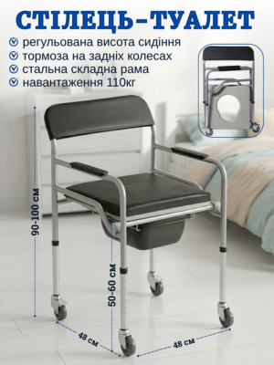 Стілець туалет на колесах з гальмами регульований складаний для інвалідів та літніх людей 2в1 крісло-туалет з м’якою накладкою сид